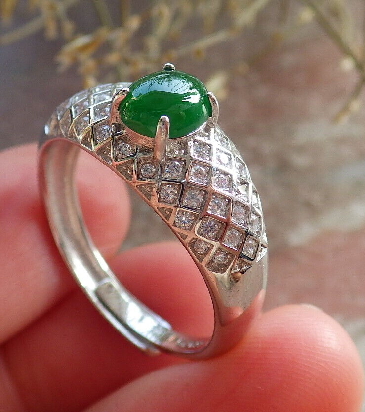 Certified Icy Green silver 0.925 Burma 100% Natural A JADE Jadeite Cabochon RING USA 10 戒指 645801 TN
