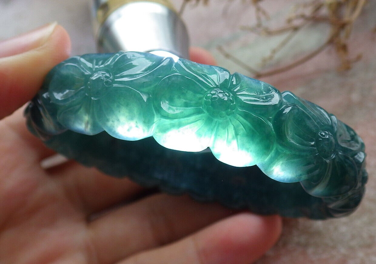 Certified Icy Blue Water Green Burma 100% Natural A JADE Jadeite Flower Bangle Bracelet 55 mm 635396 AS