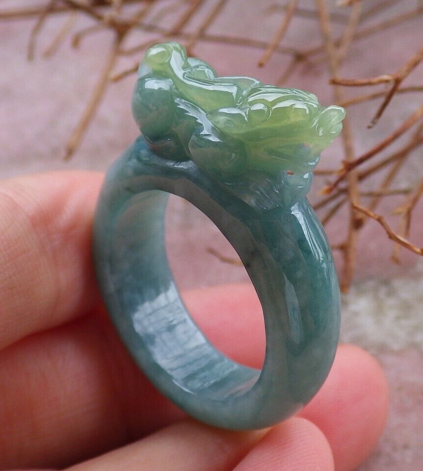 Certified Green Yellow 100% Natural A JADE Jadeite Dragon Pi Xiu RING USA. 10 戒指 528629 TN