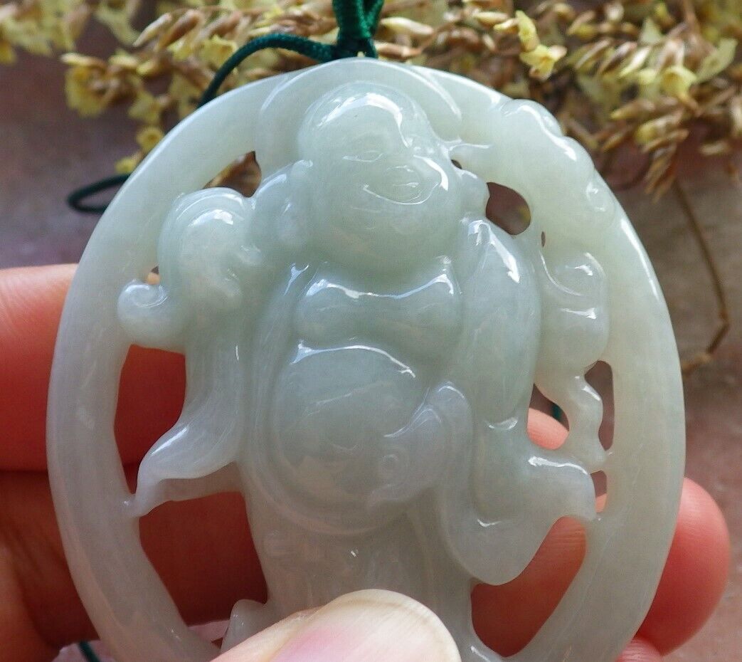 Certified Green 100% Natural A Jade jadeite pendant Happy Buddha God Ruyi Necklace 开心佛 524296 TN