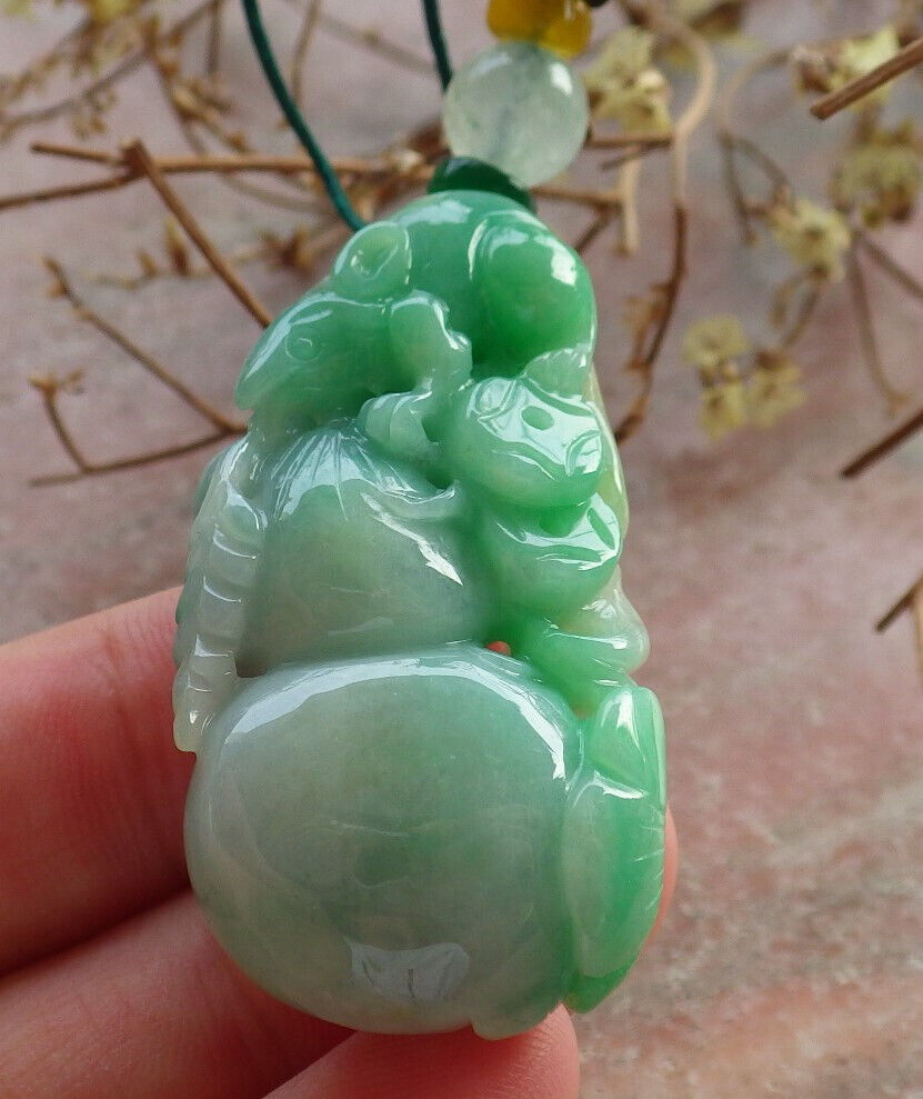 Certified Green Burma 100% Natural A Jade jadeite Pendant Mouse Rat Coin Ruyi Gourd Necklace 发财鼠 633909 TN