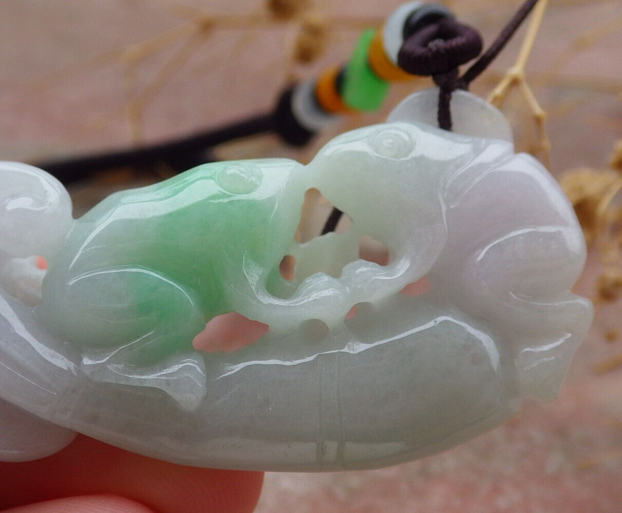 Certified Green Burma 100% Natural A Jade jadeite Pendant Frog Toad Lotus Flower Leaf Necklace 招财蟾 636959 TN