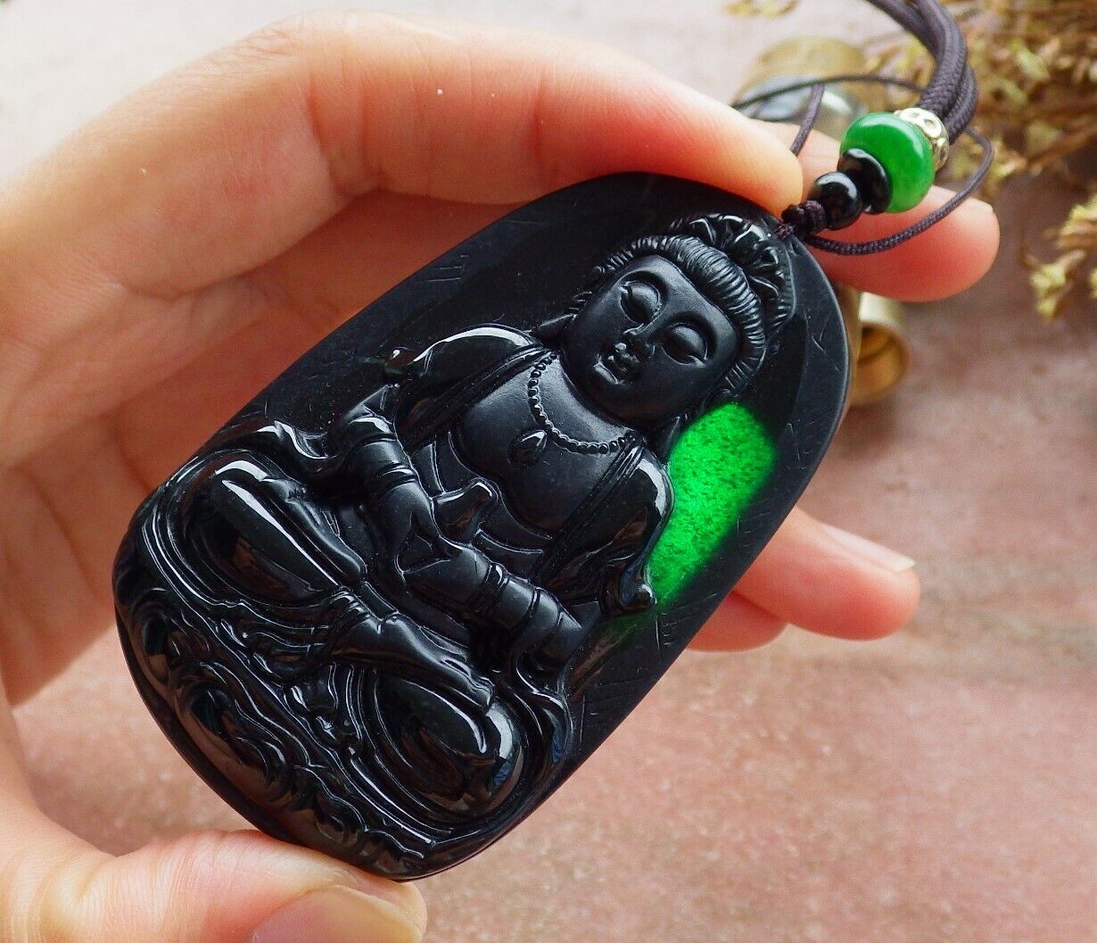 Certified Green Black 100% Natural A Jade jadeite pendant Guanyin Kwan Yin Lotus Flower Necklace 墨翠 观音 525065 TN