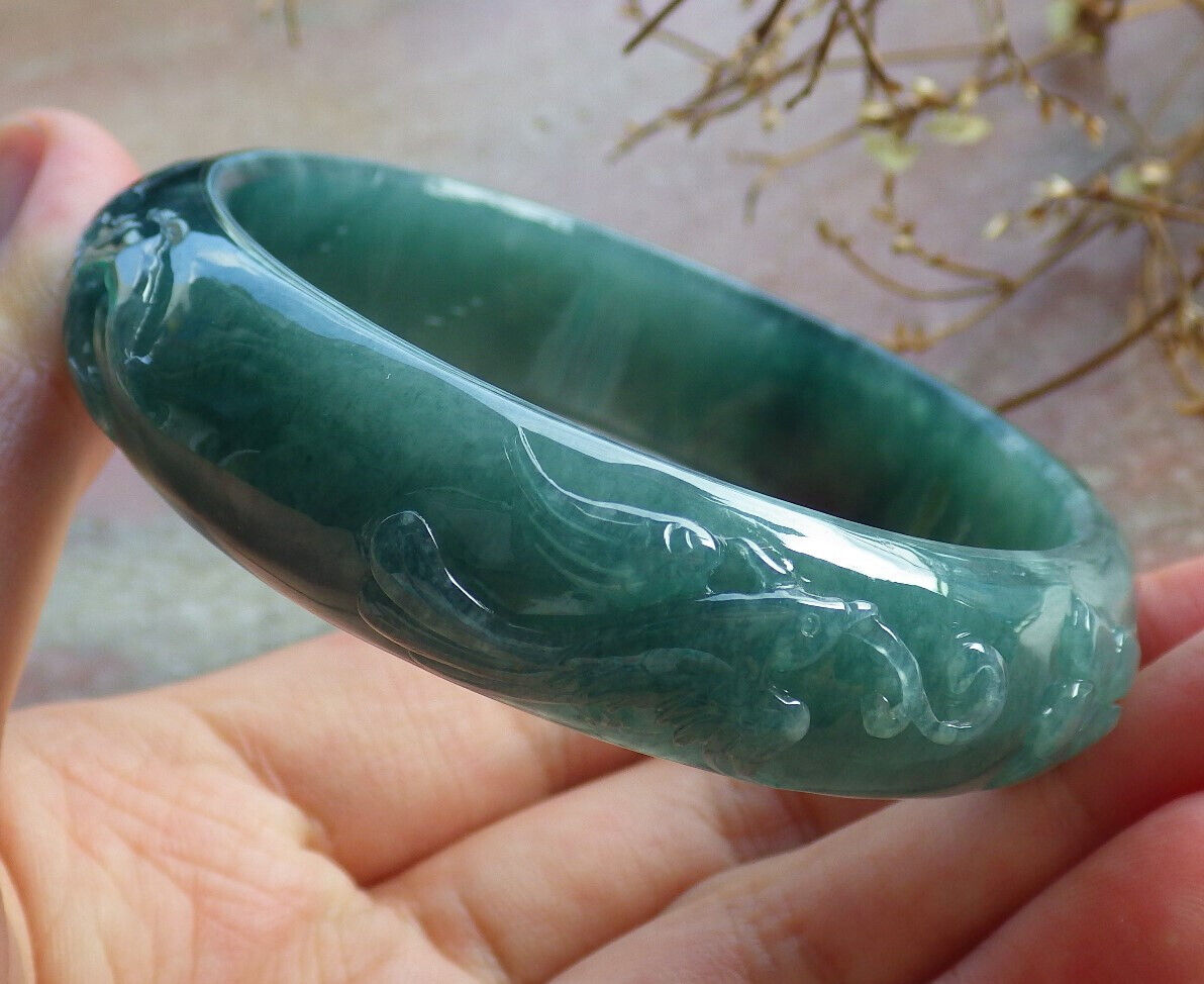 Certified Icy Blue Water Green Burma 100% Natural A JADE Jadeite Phoenix Flower Bangle Bracelet 55 mm 手镯 635126 AS