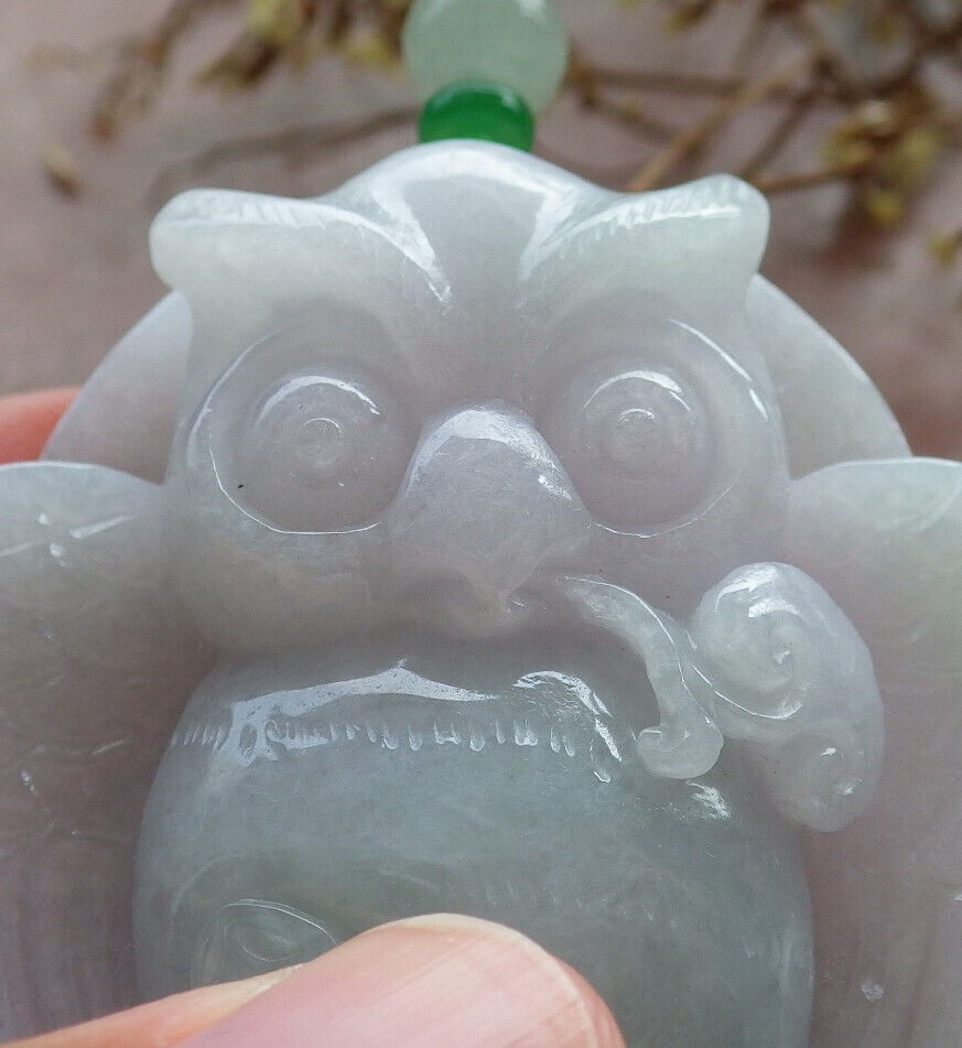 Certified Green Pale Lavender Burma 100% Natural A Jade jadeite Pendant Owl Ruyi Coin Necklace 猫头鹰 633436 TN