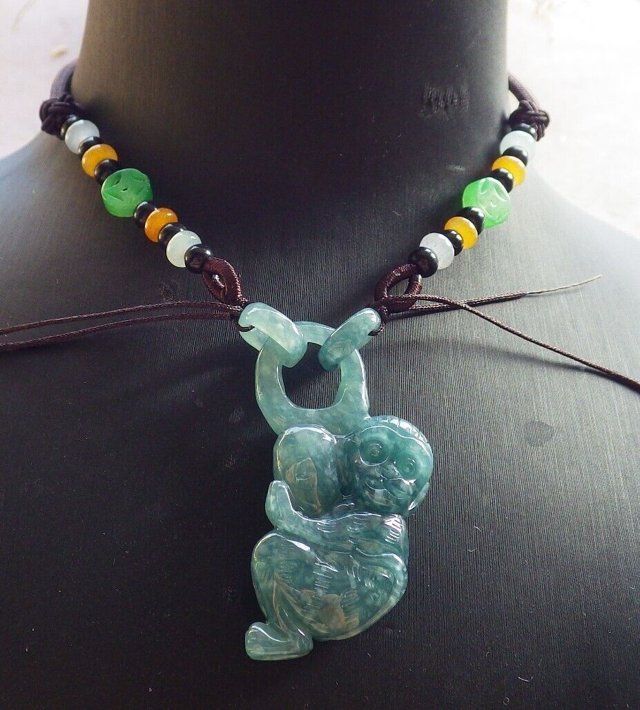 Certified Icy Green Burma 100% Natural A Jade jadeite Pendant Monkey Peach W Ring 猴子 645763 TN