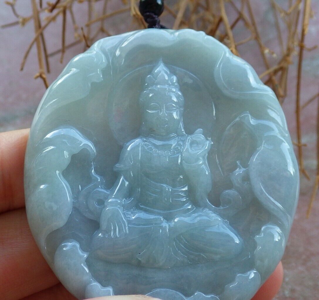 Certified Green Pale Lavender 100% Natural A Jade jadeite pendant Guanyin Kwan Yin Lotus Flower Necklace 观音 523691 TN