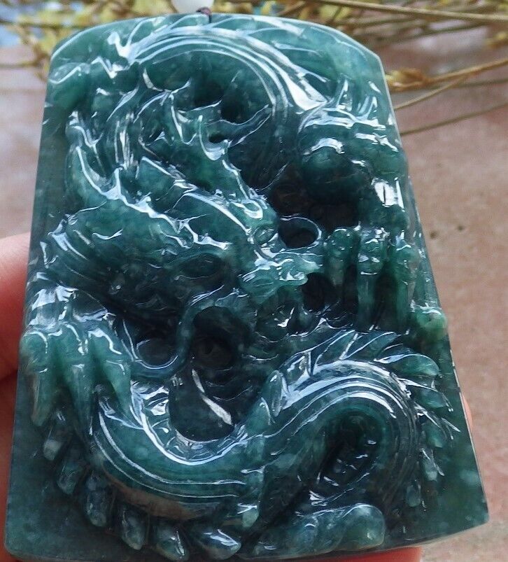 Certified Icy Green Burma 100% Natural A Jade jadeite Pendant Dragon Ruyi Necklace 生意兴隆 574732 TN