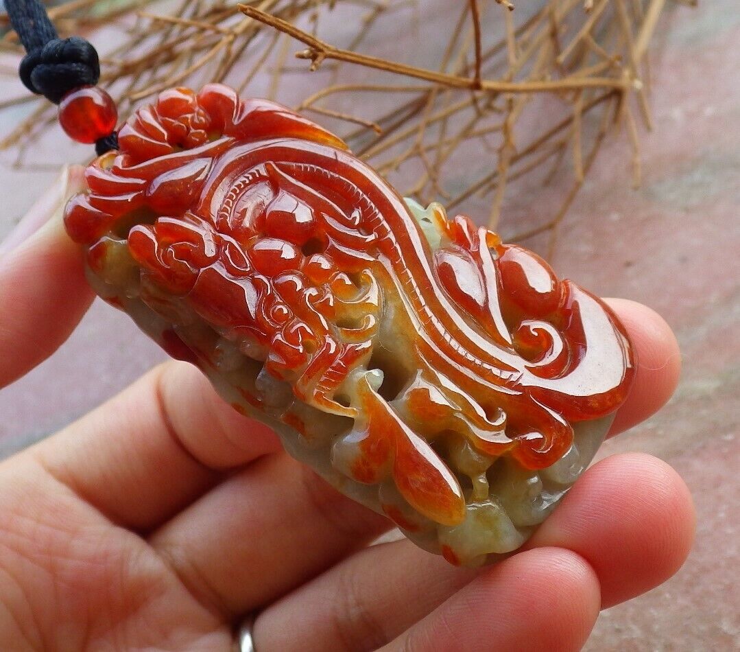Certified Red 100% Natural A Jade jadeite Pendant Dragon Bat Lotus Leaf Necklace 龙 526231 TN