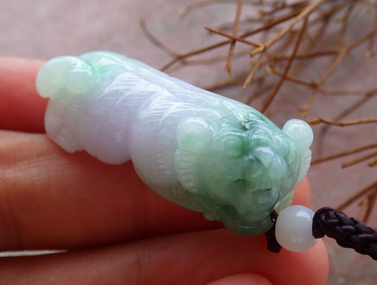 Certified Green Pale Lavender 100% Natural A Jade jadeite Pendant Tiger Money Coin Necklace 虎虎生威 526057 TN