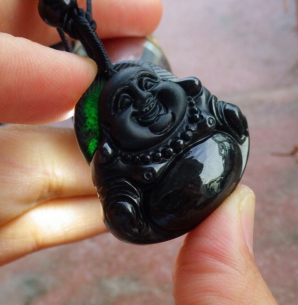Certified Black Green 100% Natural A Jade jadeite pendant Happy Buddha God Necklace 墨翠 佛公 528926 TN