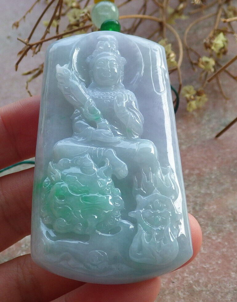 Certified Green Pale Lavender Burma 100% Natural A Jade jadeite Pendant Guanyin Kwan Yin Dragon Necklace 观音 633824 TN