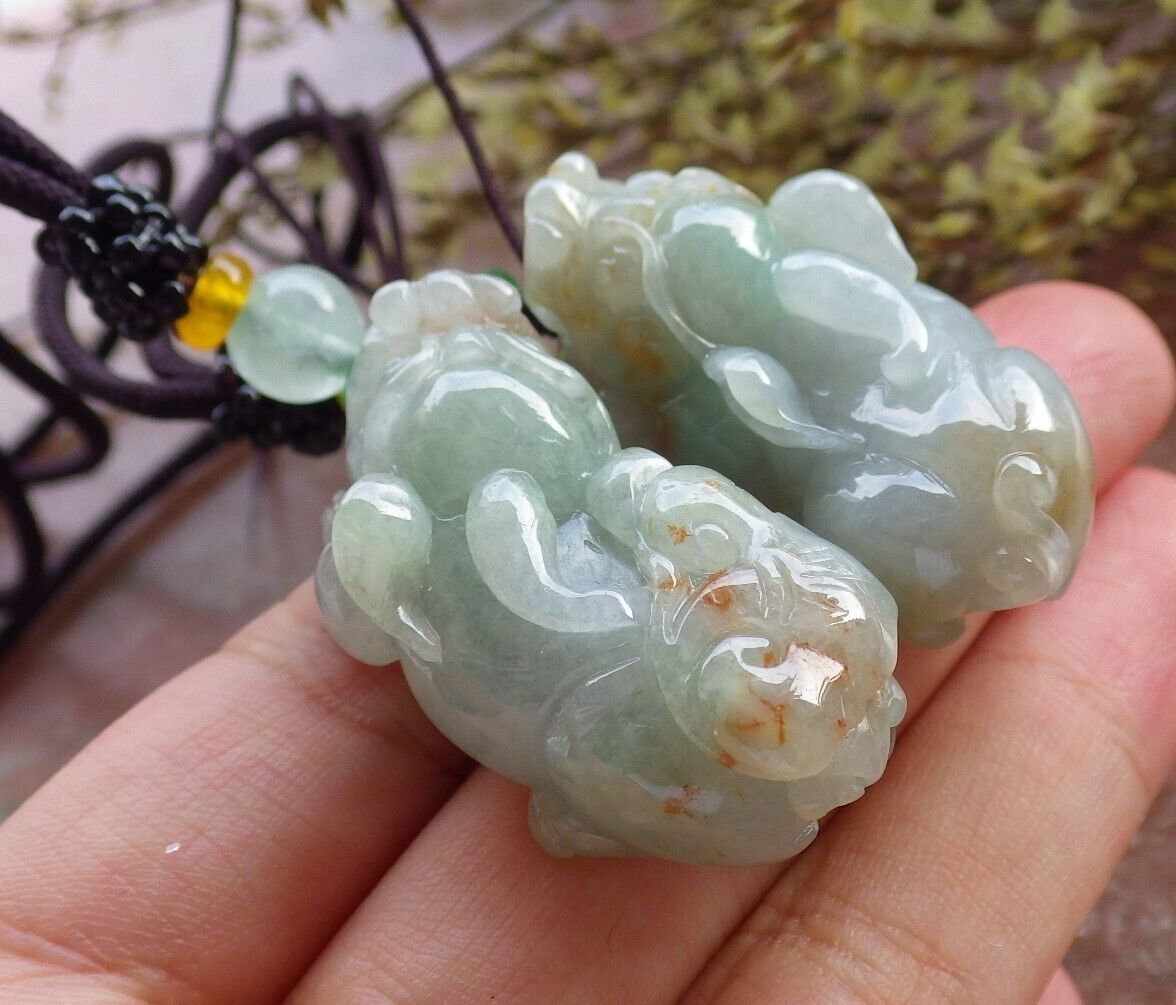 Pair Certified Green Red Burma 100% Natural A Jade jadeite Pendant Dragon Pi Xiu Money Coin Necklace 风水貔貅 573983 TN