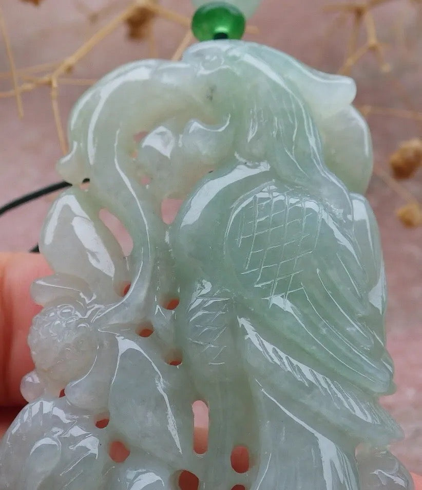 Certified Green Burma 100% Natural A Jade jadeite Pendant Phoenix Lotus Flower Necklace 凤凰 636743 TN