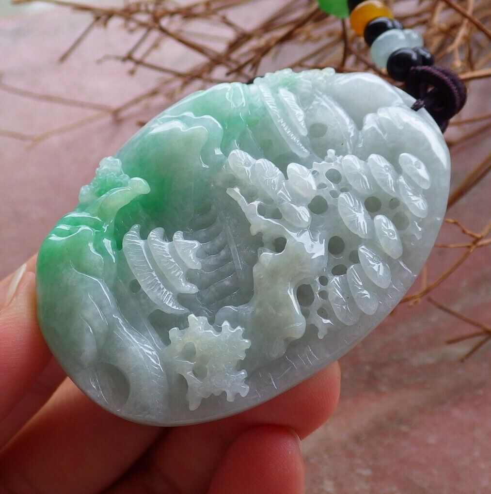Certified Green Burma 100% Natural A Jade jadeite Landscape painting Tree Necklace 山水画 525706 TN