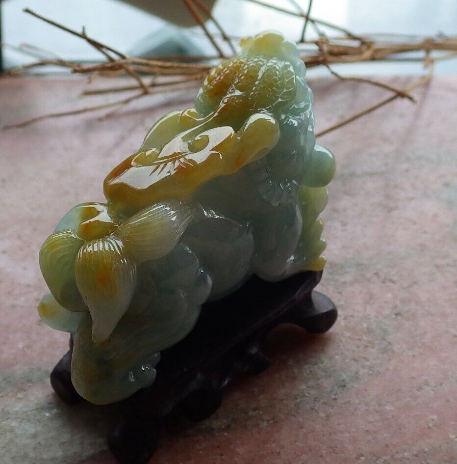 Certified Yellow Green Burma 100% Natural A Jade jadeite Display Dragon Pi Xiu Money Coin Lotus Flower Ruyi 风水貔貅 498174 TN