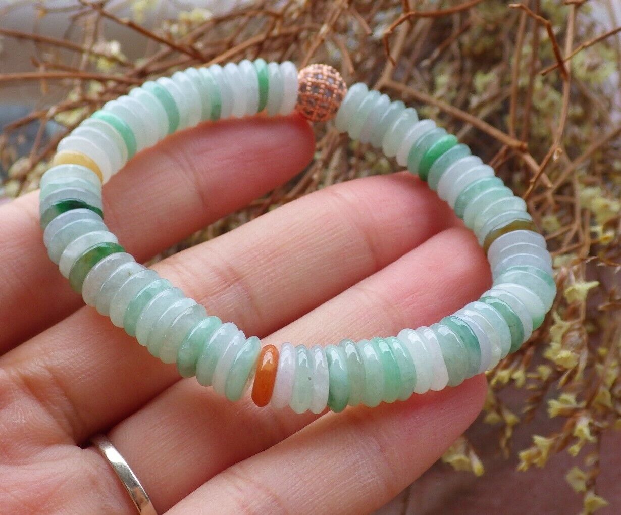 Certified Yellow Green Pale Lavender 100% Natural A JADE Jadeite Bead Beads Bangle Circle Bead Beads Bangle Bracelet 平安扣手链 524993 TN