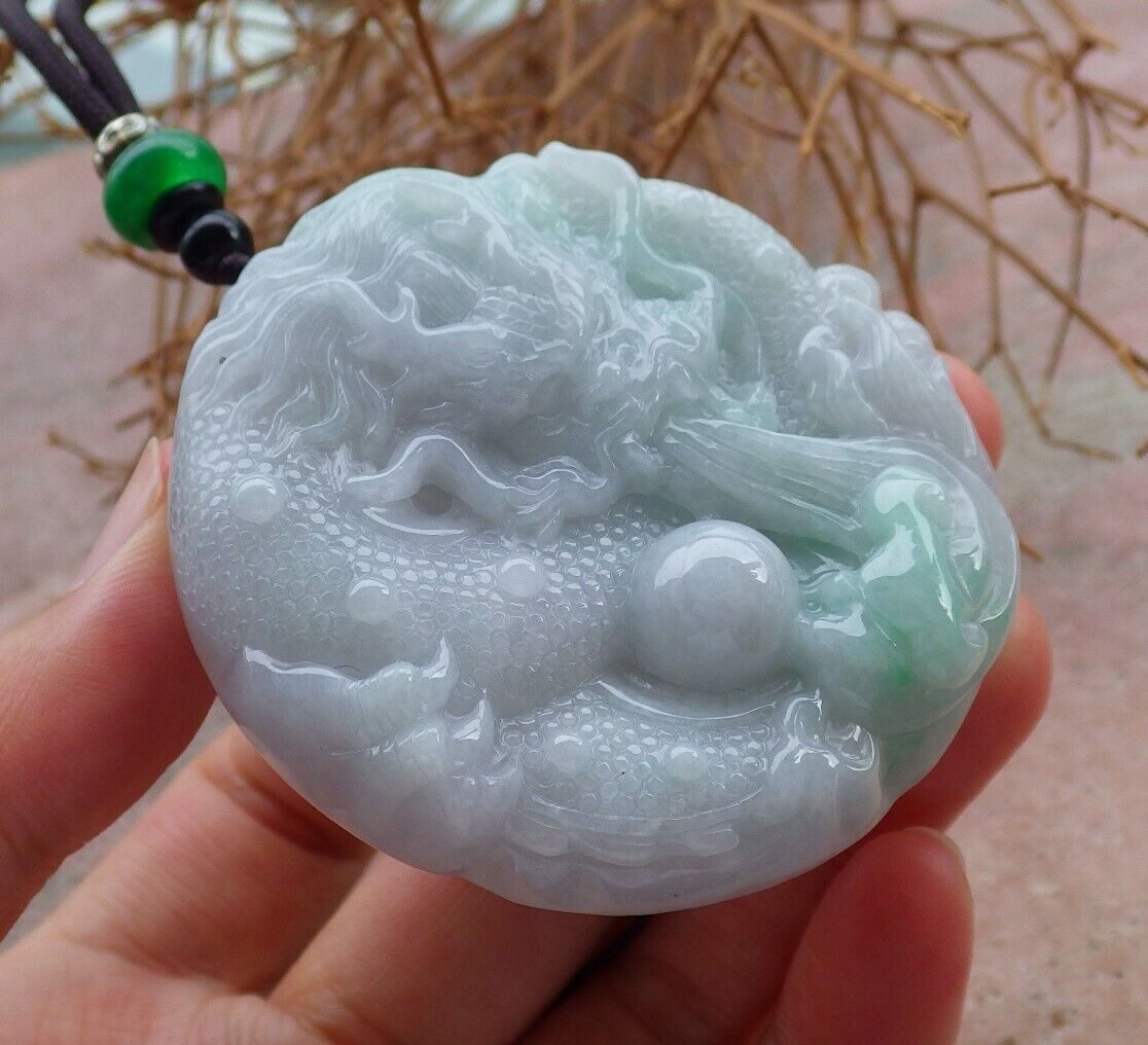 Certified Green 100% Natural A Jade jadeite pendant Dragon Lotus Flower Ruyi Bead Necklace 生意兴隆 520810 TN