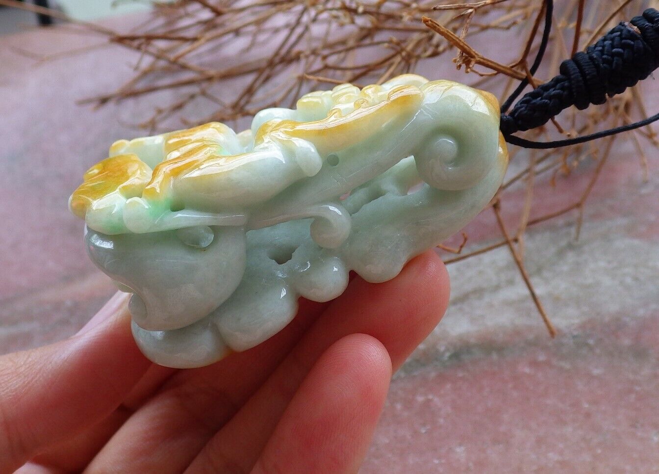 Certified Yellow Green 100% Natural A Jade jadeite Pendant Deer Flower Ruyi Necklace 梅花鹿 526346 TN