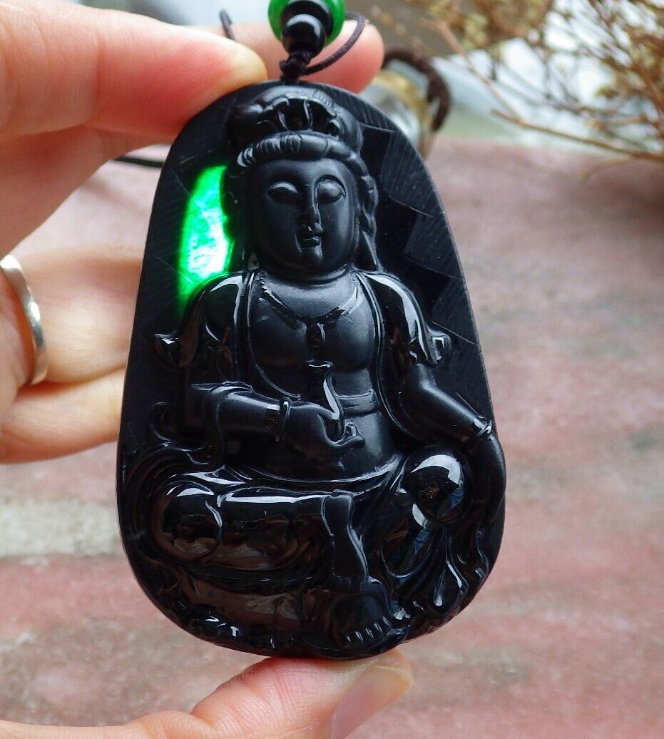 Certified Green Black 100% Natural A Jade jadeite pendant Guanyin Kwan Yin Lotus Flower Necklace 墨翠 观音 525096 TN