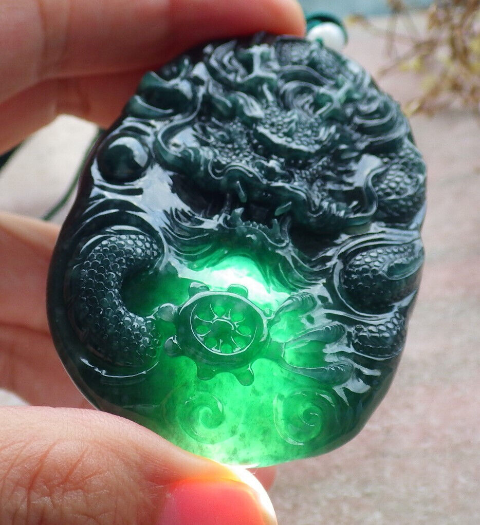 Certified Icy Blue Water Green Burma 100% Natural A Jade jadeite Pendant Dragon Bead Necklace 生意兴隆 634152 TN
