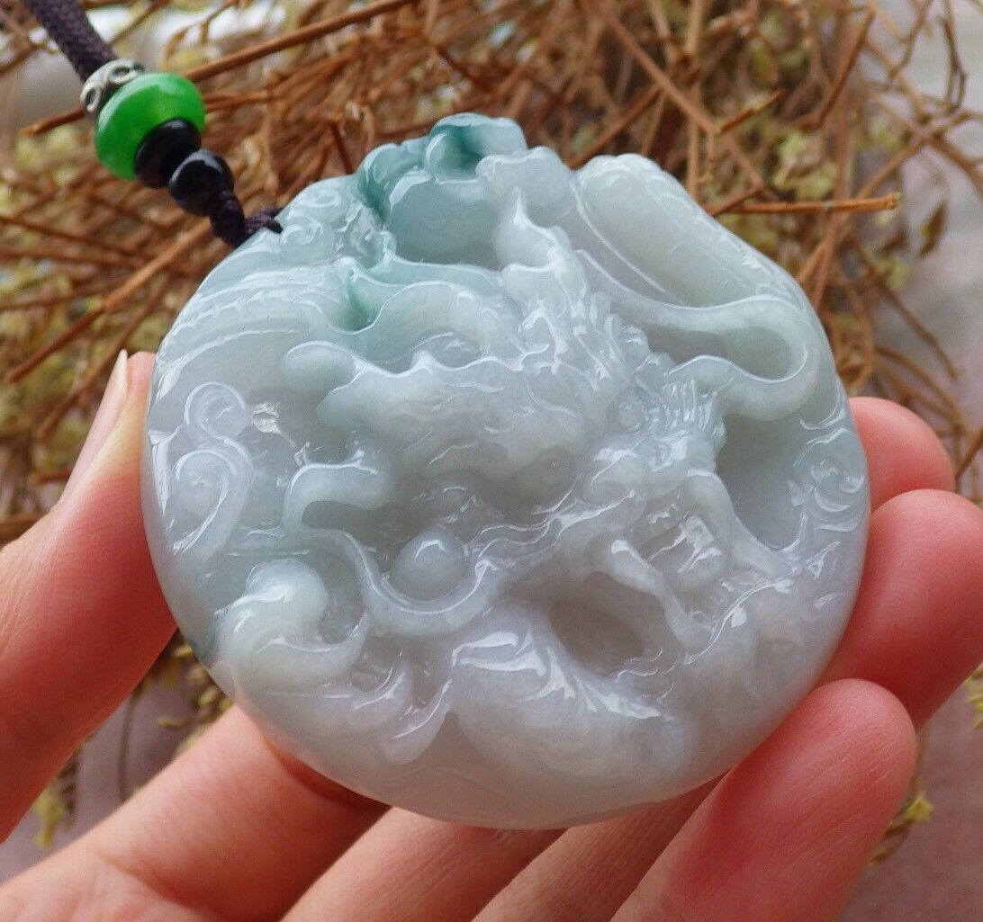 Certified Green Pale Lavender 100% Natural A Jade jadeite Pendant Dragon Bead Necklace 生意兴隆 524976 TN