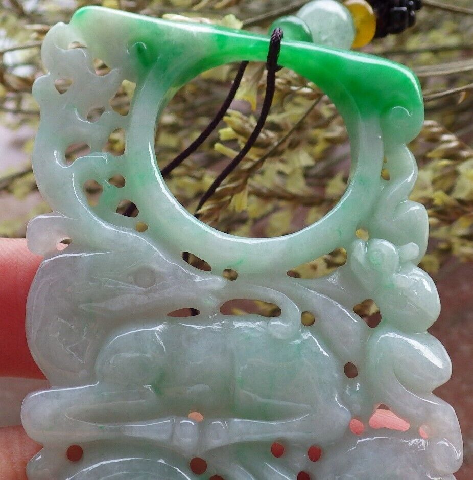 Certified Green Burma 100% Natural A Jade jadeite Pendant Deer Bat Peach Peach Necklace 梅花鹿 574040 TN