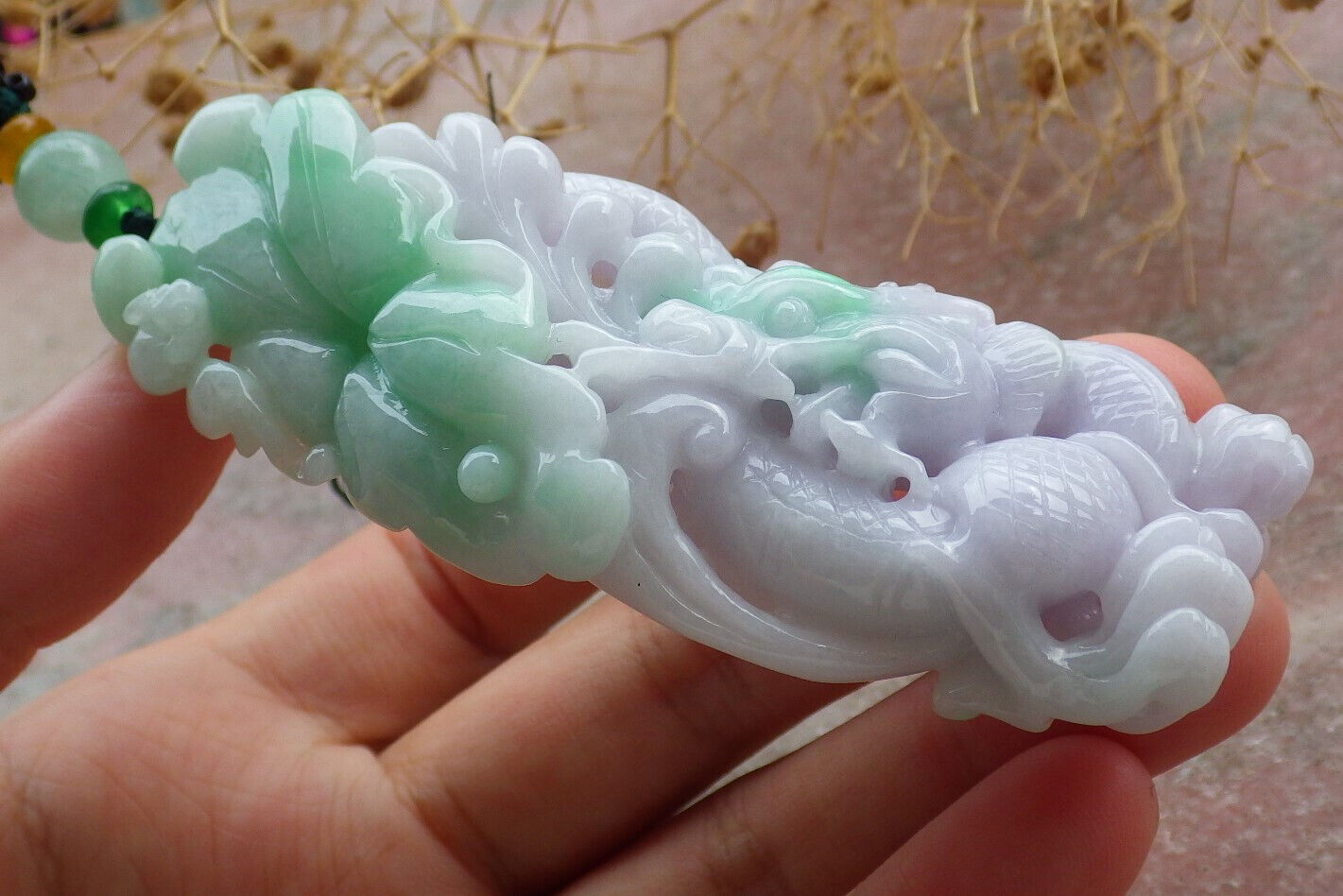 Certified Lavender Green Burma 100% Natural A Jade jadeite Pendant Dragon Bat Lotus Leaf Necklacde 生意兴隆 636213 TN