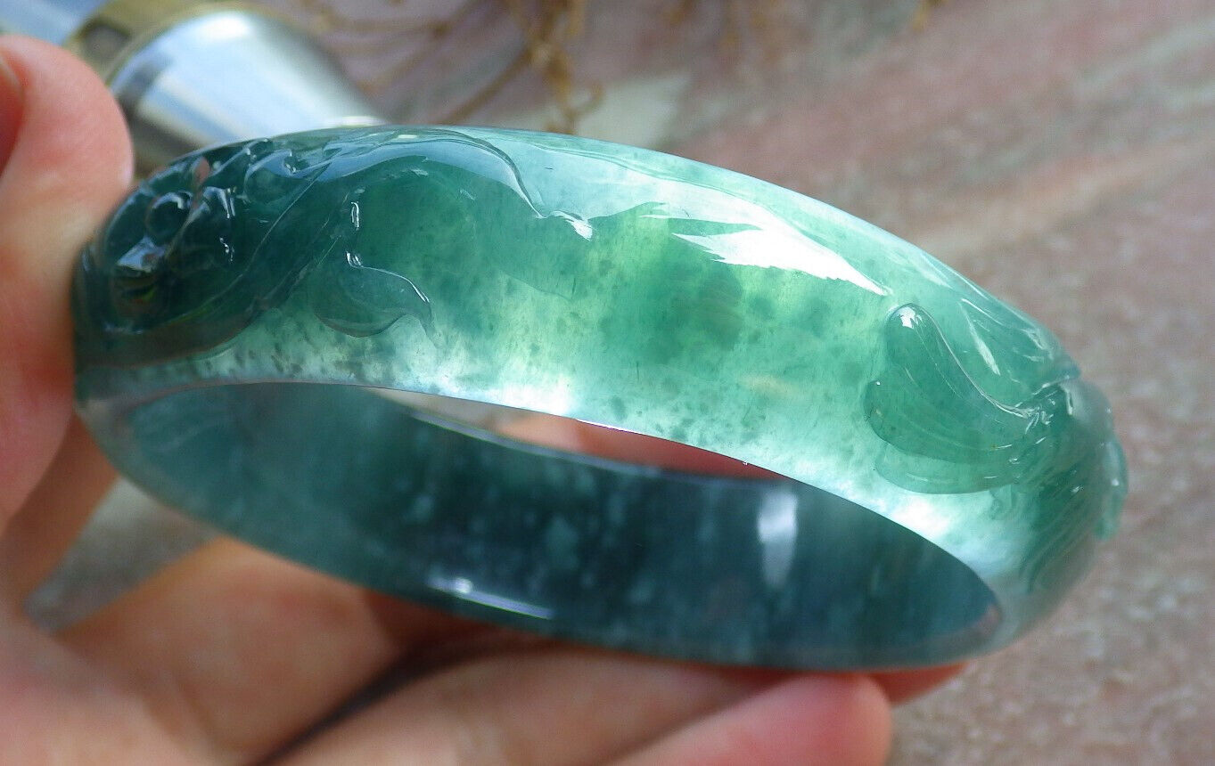 Certified Icy Blue Water Green Burma 100% Natural A JADE Jadeite Phoenix Flower Bangle Bracelet 55 mm 手镯 635126 AS