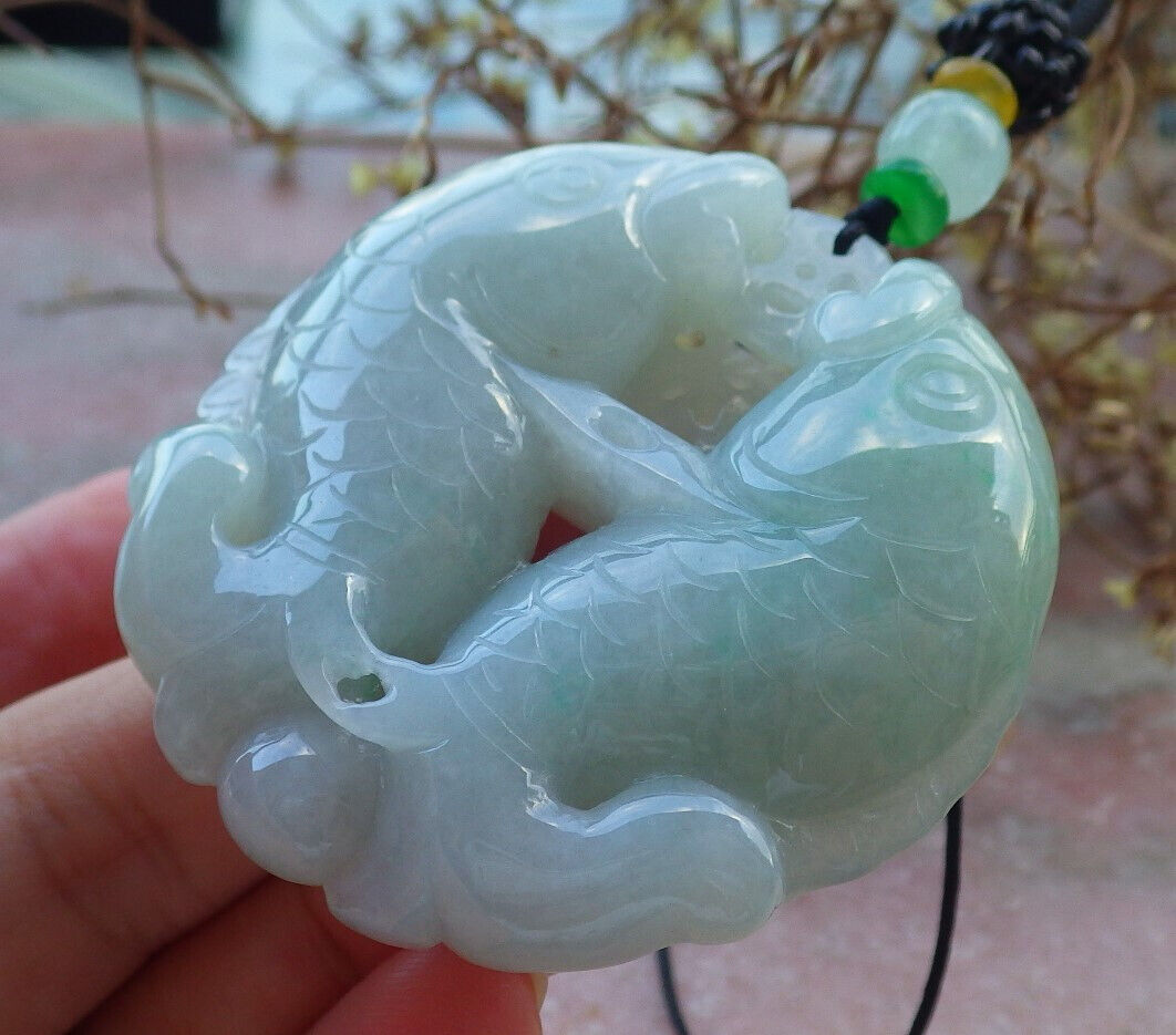 Certified Green Burma 100% Natural A Jade jadeite Pendant Fish Money Coin Necklace 年年有余 633170 TN