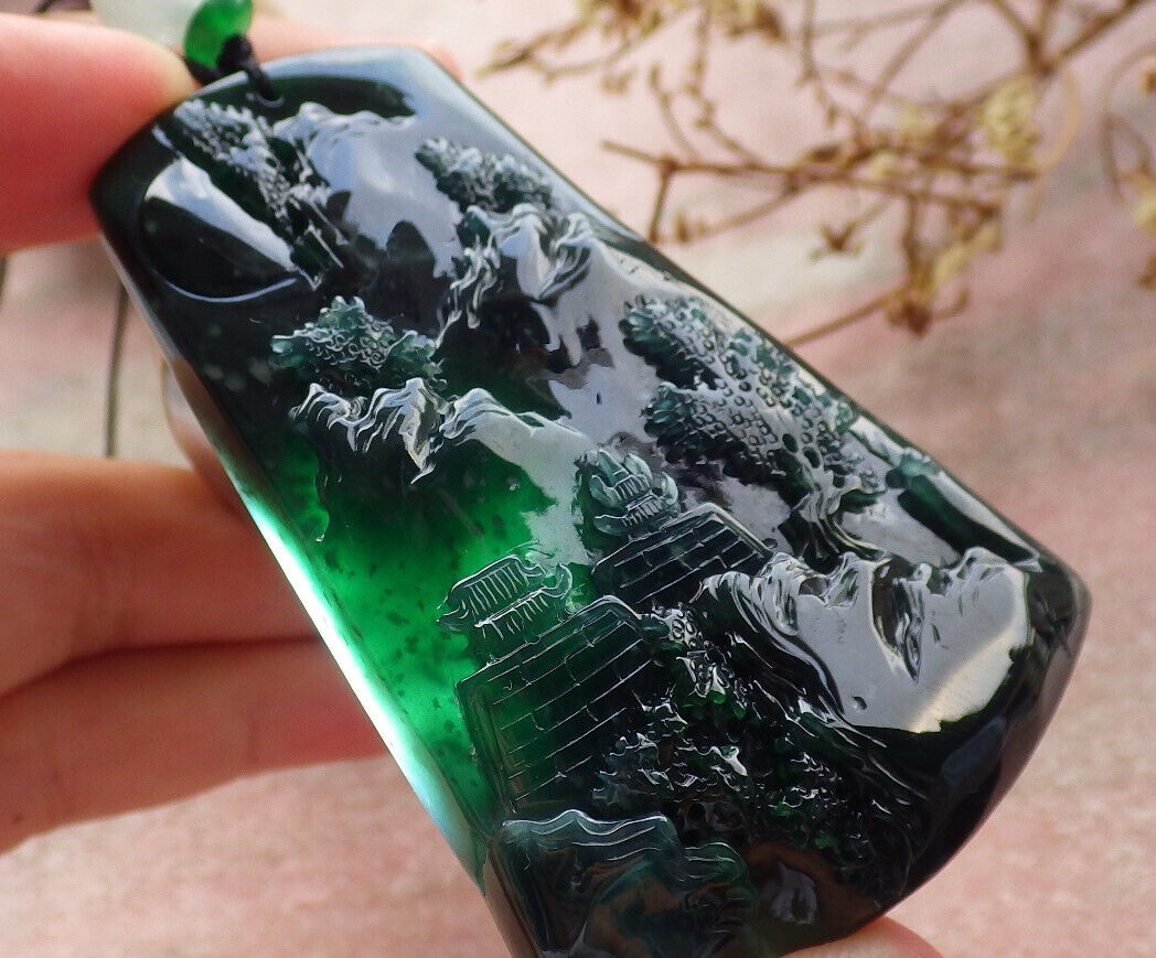 Certified Icy Blue Water Burma 100% Natural A Jade jadeite Pendant Landscape painting Tree Necklace 山水画 633943 TN