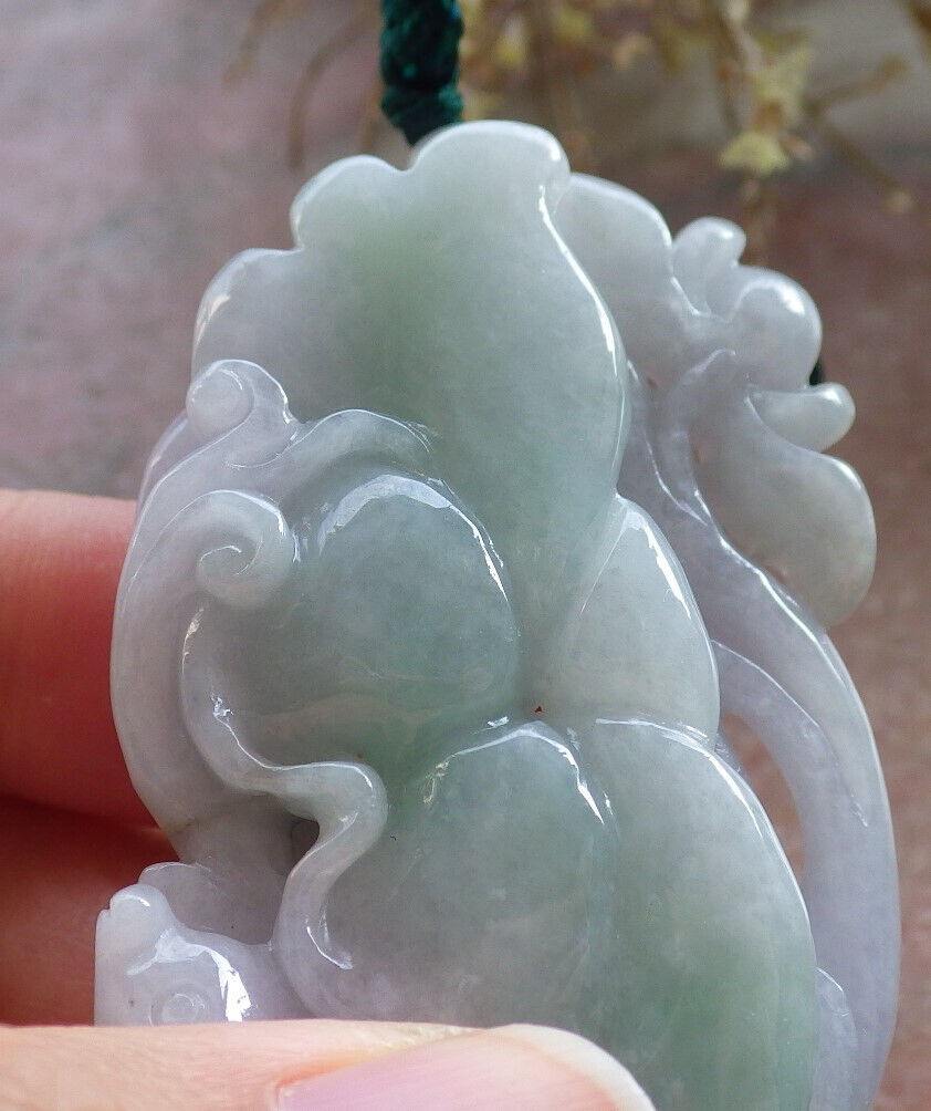 Certified Green Pale Lavender Burma 100% Natural A Jade jadeite Pendant Fish Lotus Flower Leaf Necklace 年年有余 646744 TN