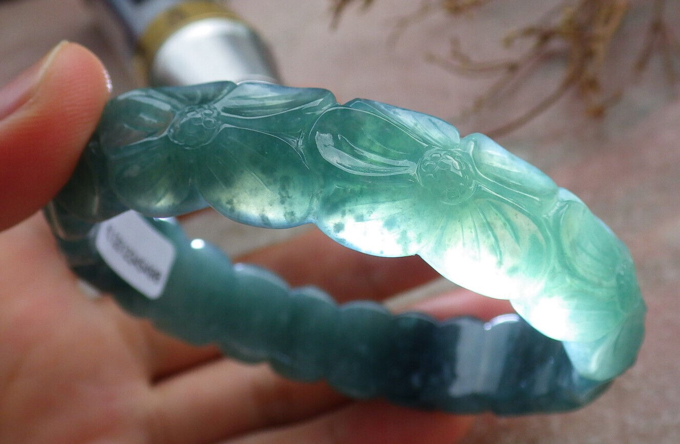 Certified Icy Green Burma 100% Natural A JADE Jadeite Flower Bangle Bracelet 58 mm 635488 TN