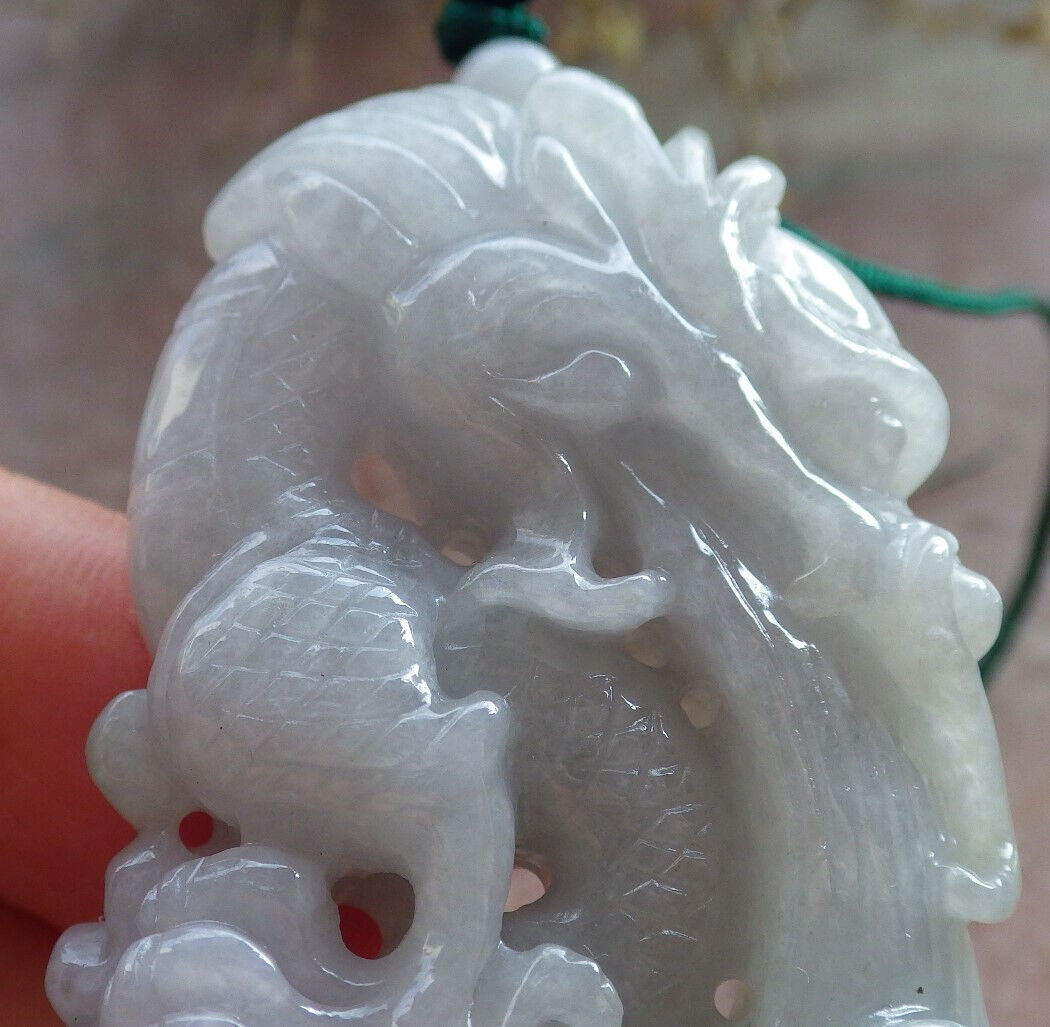 Certified Green Pale Lavender Burma 100% Natural A Jade jadeite Pendant Dragon Ruyi Coin Necklace 生意兴隆 646733 TN