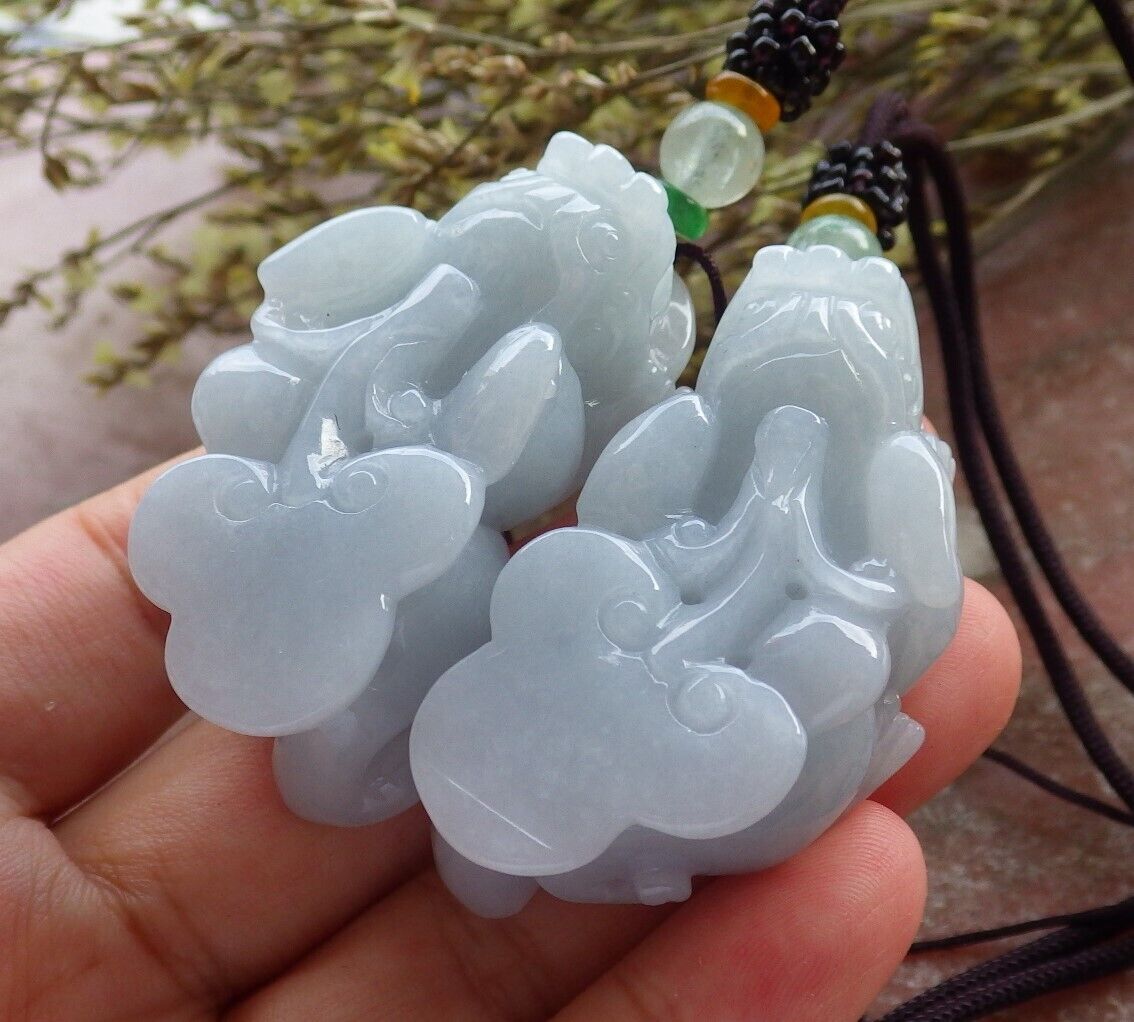 Pair Certified Pale Green Lavender Burma 100% Natural A Jade jadeite Pendant Dragon Pi Xiu Money Coin Ruyi Necklace 风水貔貅 573973 TN