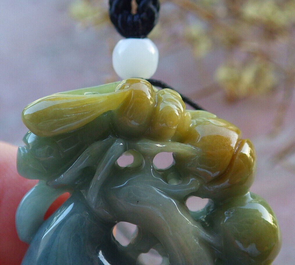 Certified Yellow Green Burma 100% Natural A Jade jadeite Pendant Bee Flower Gourd Coin Necklace 蜜蜂 635614 TN