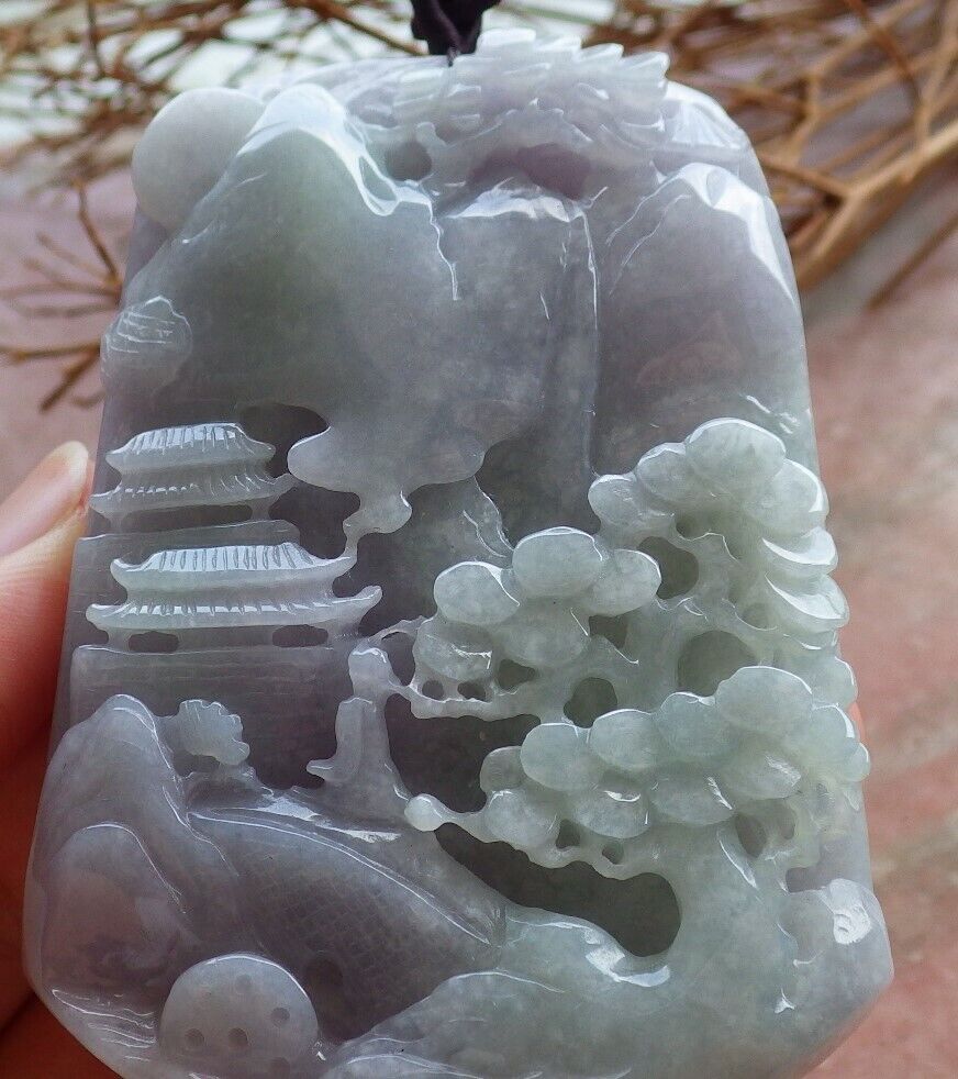 Certified Lavender Green Burma 100% Natural A Jade jadeite Landscape painting Tree Necklace 山水画 525690 TN
