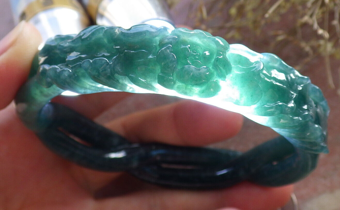 Certified Icy Green Burma 100% Natural A JADE Jadeite Flower Knotted Bangle Bracelet 64 mm 手镯 646718 TN