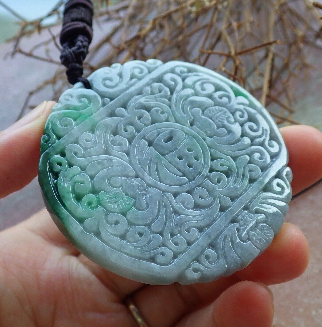 Certified Green Pale Lavender 100% Natural A Jade jadeite Pendant Bat Dragon Flower Coin Ruyi * Fu * Necklace 龙蝙蝠花牌 529263 TN
