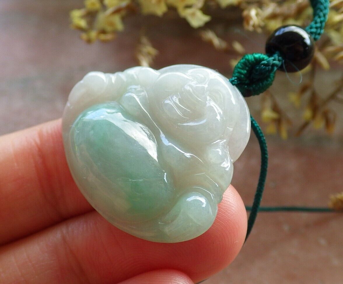 Certified Icy Green 100% Natural A Jade jadeite pendant Happy Buddha God Necklace 开心佛 524358 TN