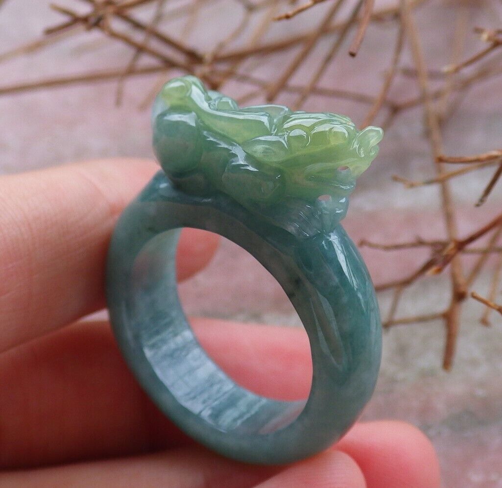 Certified Green Yellow 100% Natural A JADE Jadeite Dragon Pi Xiu RING USA. 10 戒指 528629 TN