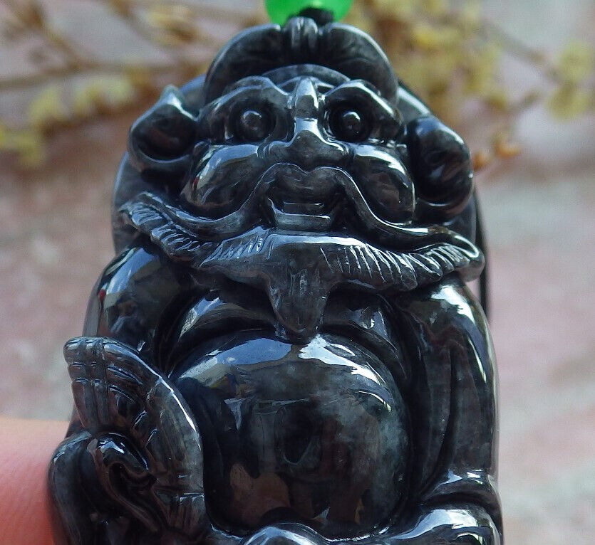 Certified Black Burma 100% Natural A Jade jadeite pendant Zhong Kui God Sword Fan Necklace 钟馗 632886 TN
