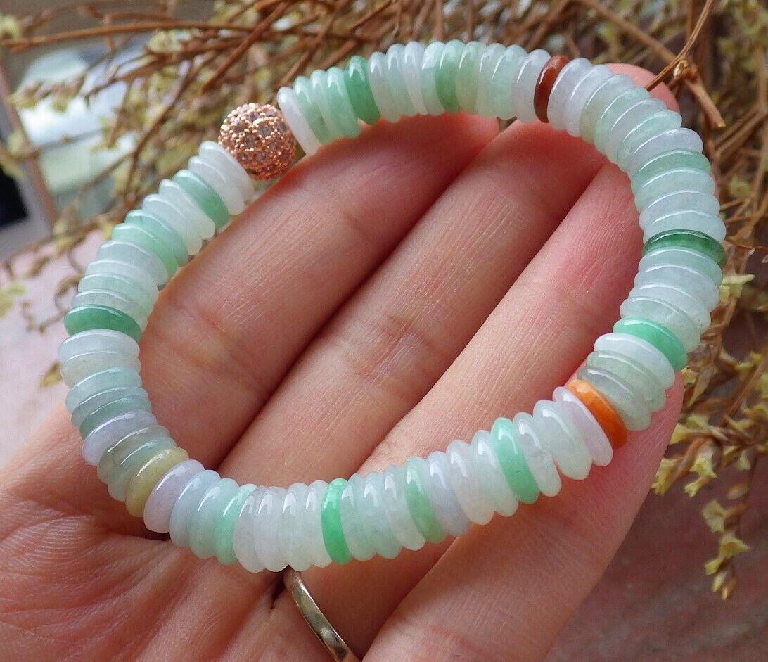 Certified Yellow Green Pale Lavender 100% Natural A JADE Jadeite Bead Beads Bangle Circle Bead Beads Bangle Bracelet 平安扣手链 525015 TN