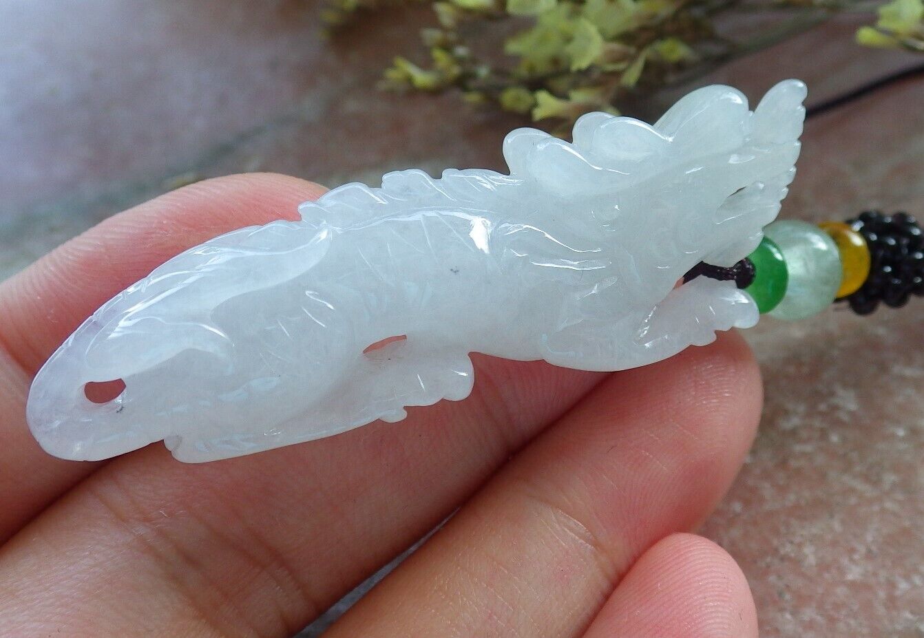 Certified Icy White Burma 100% Natural A Jade jadeite Pendant Dragon Necklace 生意兴隆 574184 TN