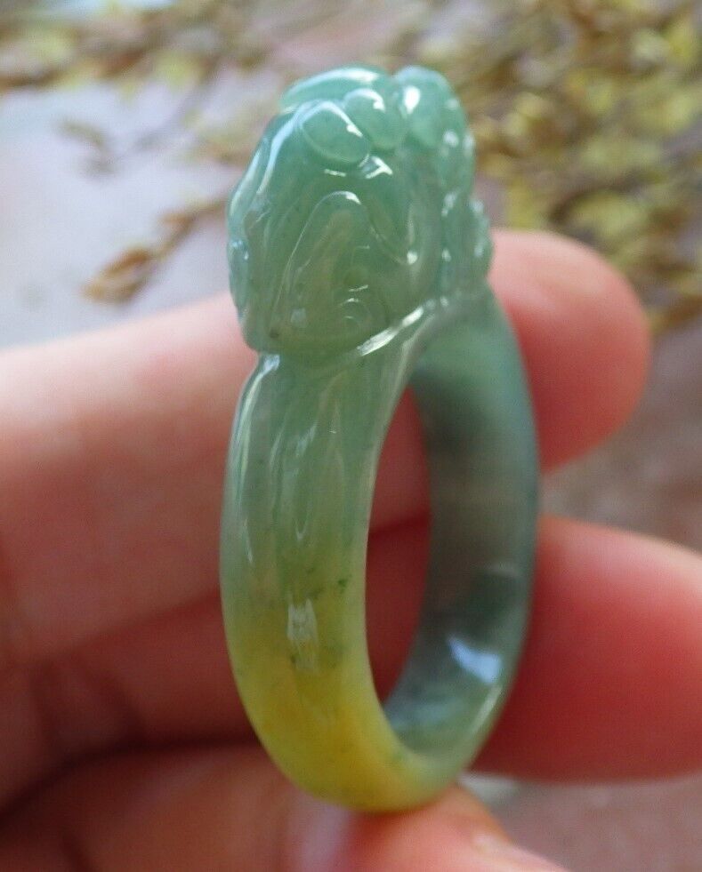 Certified Icy Yellow Green Burma 100% Natural A JADE Jadeite Dragon Pi Xiu RING USA. 10.25 戒指 574832 TN