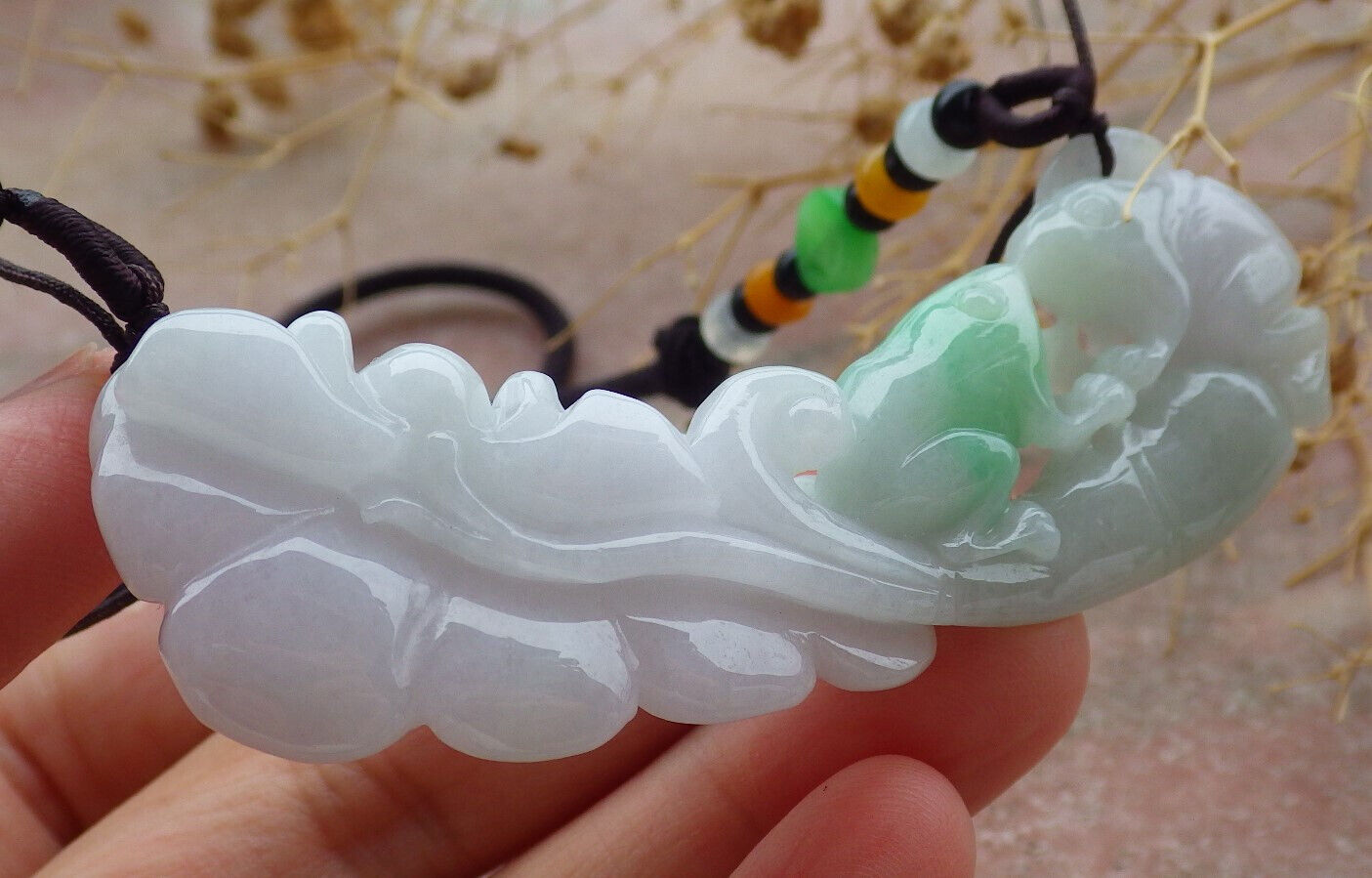 Certified Green Burma 100% Natural A Jade jadeite Pendant Frog Toad Lotus Flower Leaf Necklace 招财蟾 636959 TN