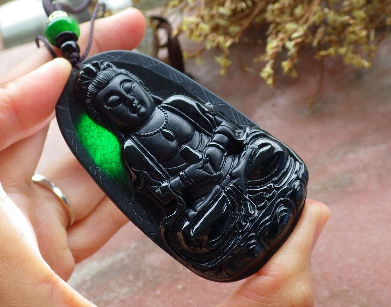 Certified Green Black 100% Natural A Jade jadeite pendant Guanyin Kwan Yin Lotus Flower Necklace 墨翠 观音 525065 TN