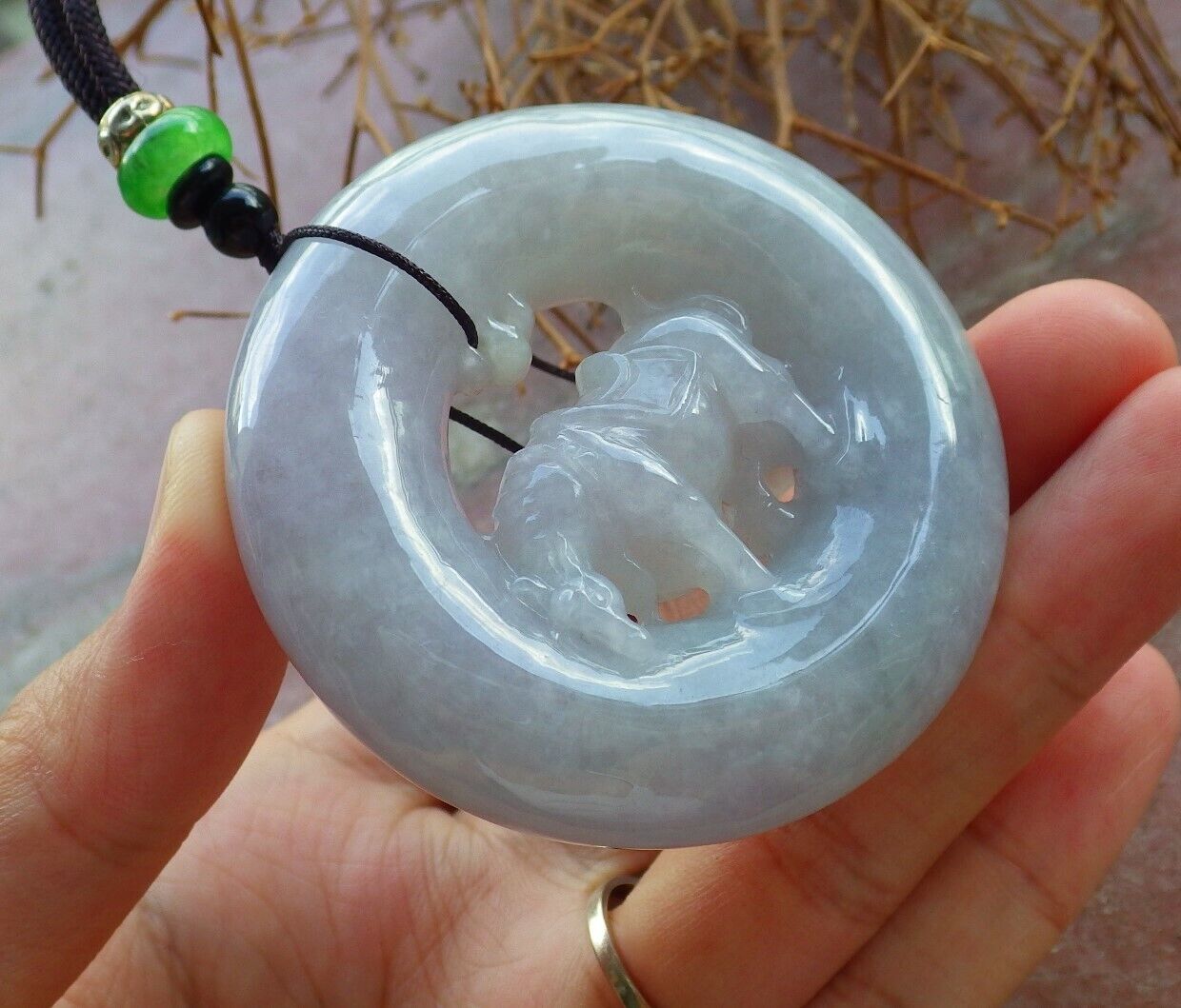 Certified Green Pale Lavender 100% Natural A Jade jadeite pendant Cow Ox Circle Necklace 风水牛 523719 TN