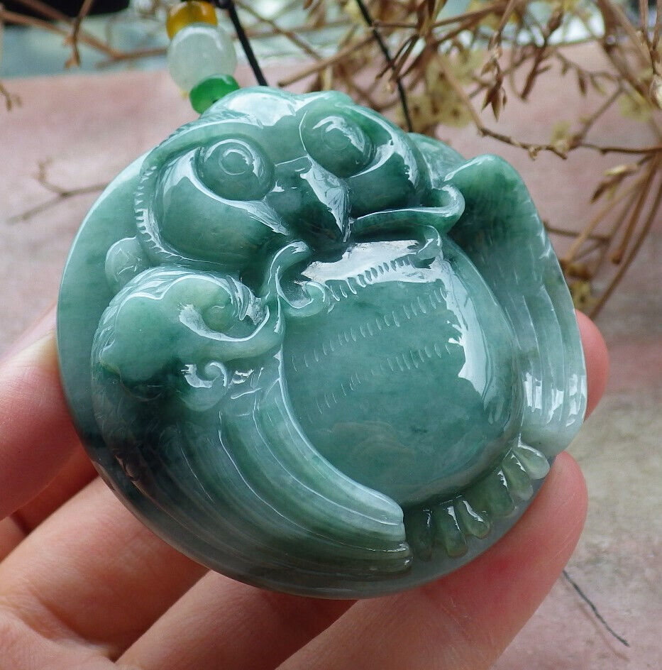 Certified Green Burma 100% Natural A Jade jadeite Pendant Owl Money Coin Ruyi Necklace 猫头鹰 632677 TN