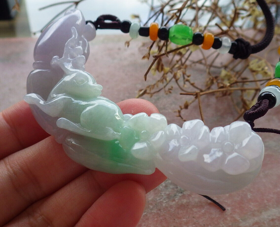 Certified Green Lavender Burma 100% Natural A Jade jadeite Pendant Deer Flower Ruyi Necklace 梅花鹿 634109 TN